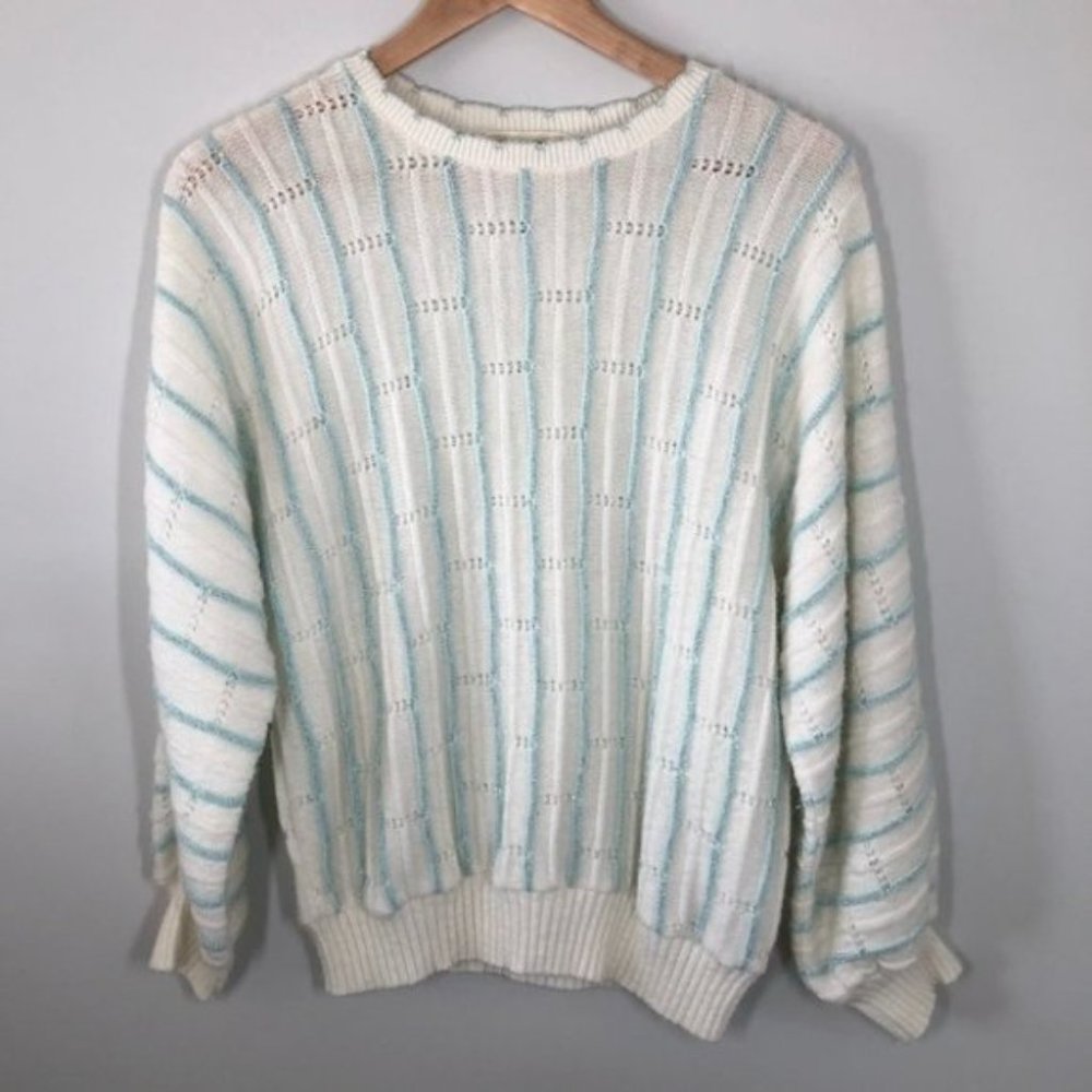 Vintage White Balloon Sleeve Knit Sweater with Metallic  Blue Stripes